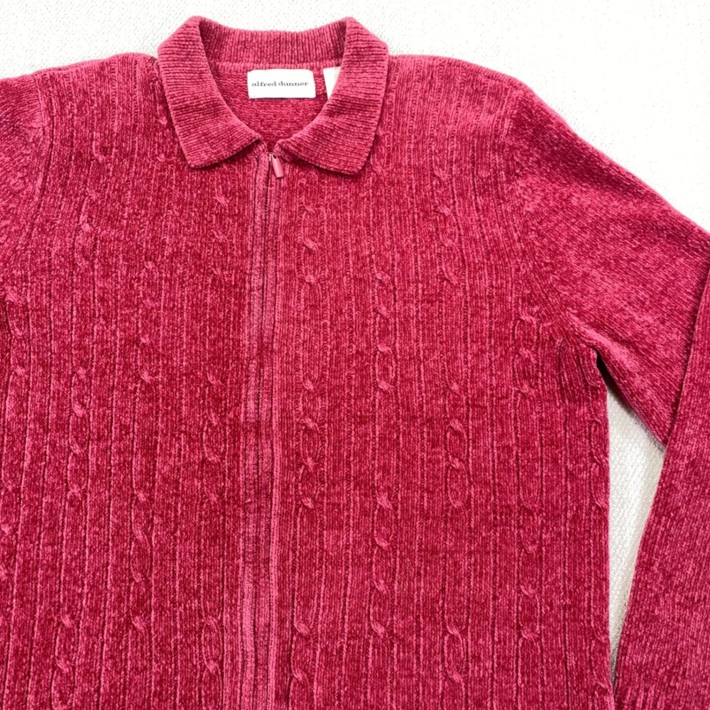 Alfred Dunner Cardigan Sweater Womens Medium Red Chenille Cable Knit Zip Front